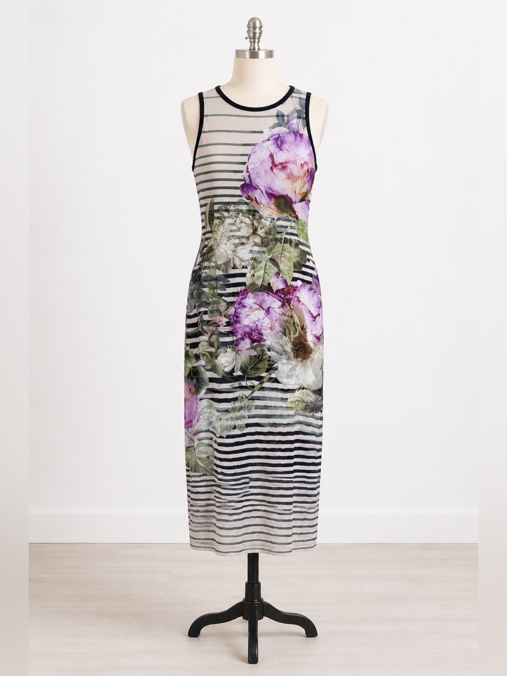 Ted Baker Laya Peony Stripped Midi Dress Size 4 - Picture 1 of 7